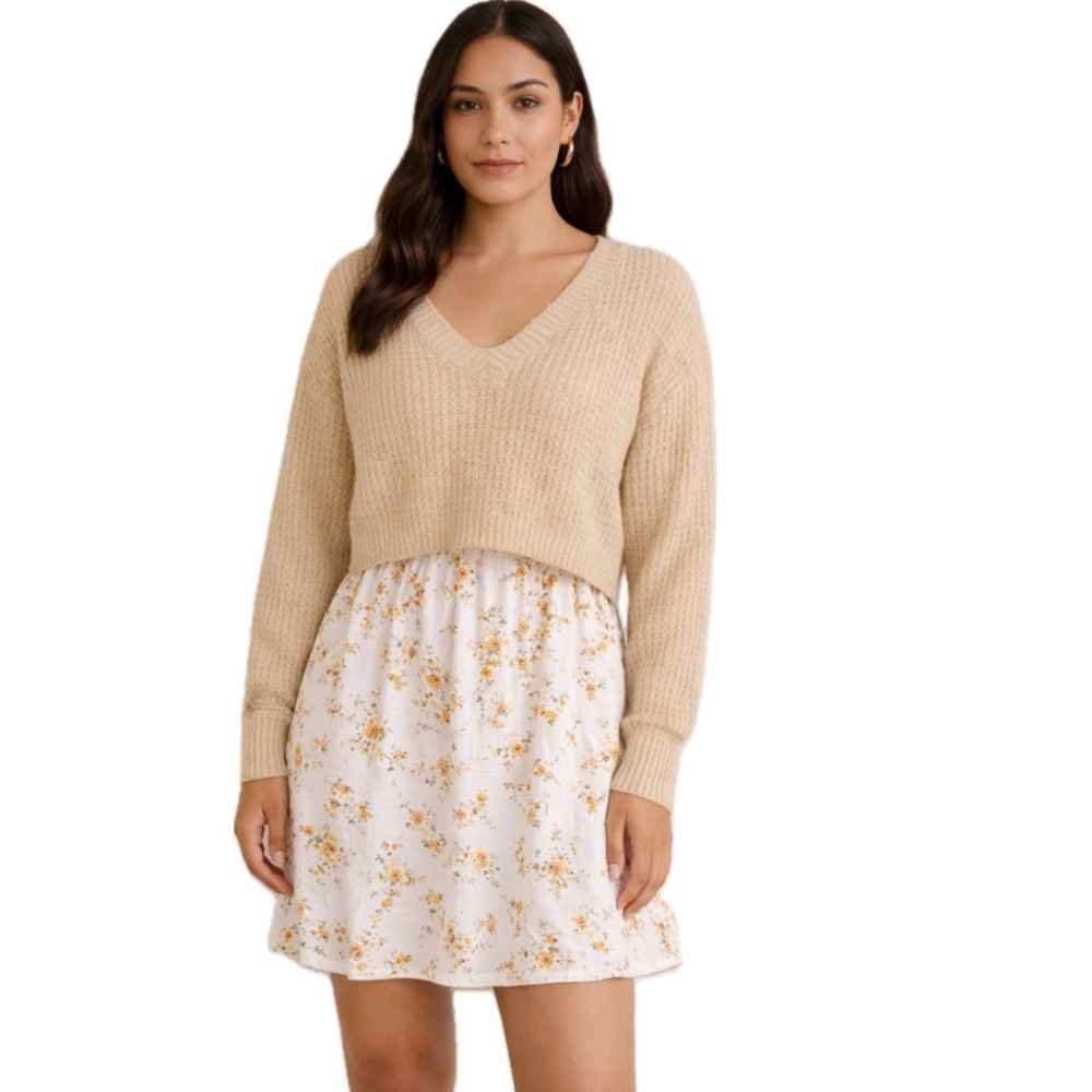 Aeropostale, Women's v neck loose knit crop Beige Sweater, size S